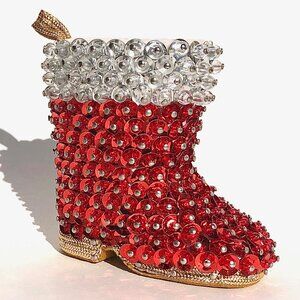 Vintage Push Pin Christmas Ornament Santa's Boot Handcrafted Red Sequins Beaded